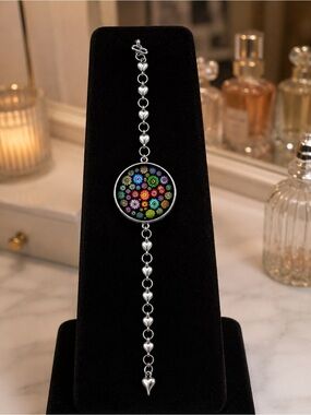 Handmade Millefiori Floral Glass Bracelet Silver Heart Links One of a Kind